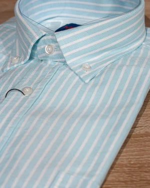 CAMISA OXFORD FONDO TURQUESA Y RAYAS BLANCAS